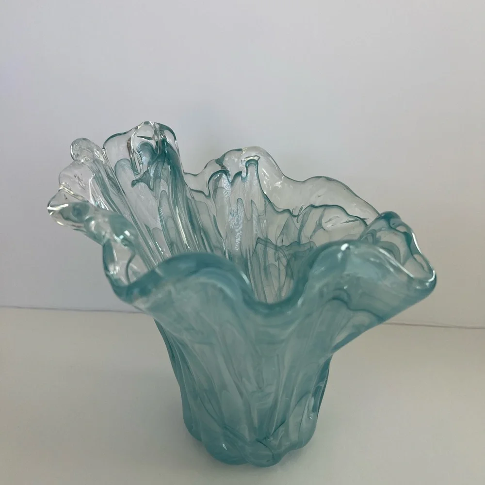 Murano Hand Blown Italian Glass Vase. Blue / Clear. Water Vase. Made In Italy - Picture 3 of 11